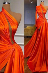Elegant One Shoulder Long Sleeves Split Front Prom Evening Dresses